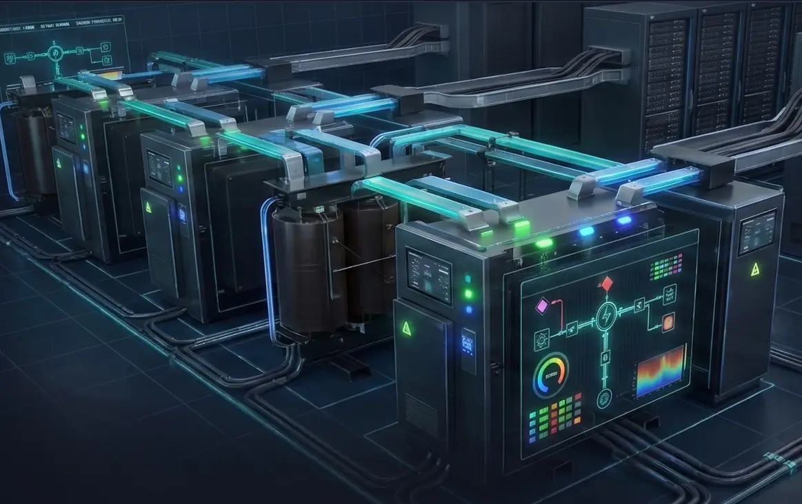 Row of transformers and switchgear cabinets in a data centre plant room, linked by illuminated busbar runs alongside server racks.