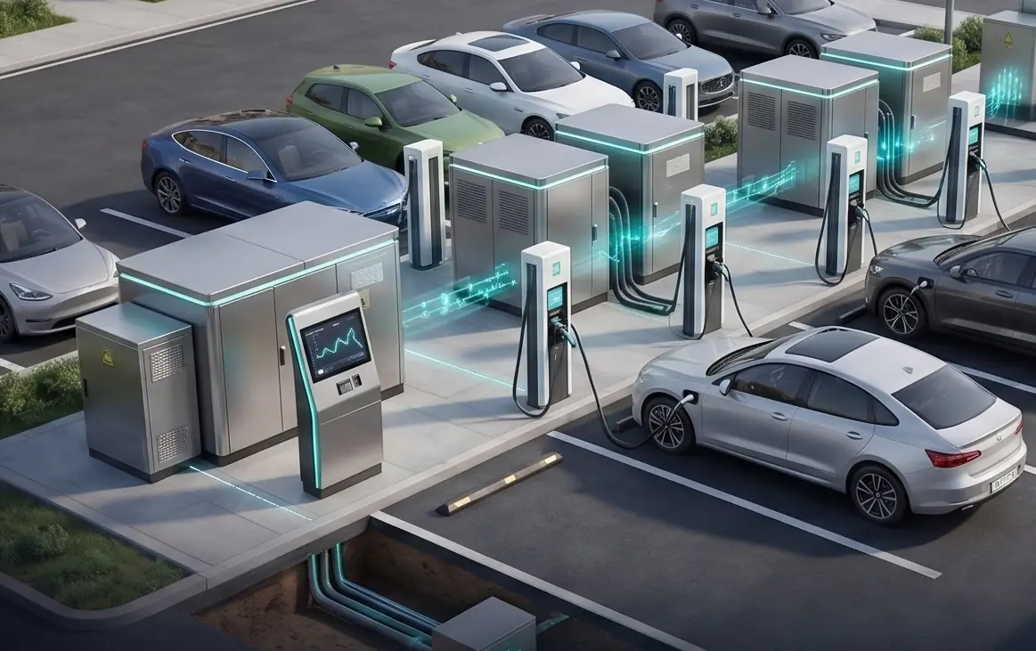 Commercial EV fast-charging hub with cars connected to charging pedestals, backed by pad-mounted distribution cabinets and underground cable routes.